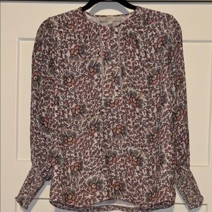 Brown and Cream Cuffed Sleeve Blouse with Mandarin Collar